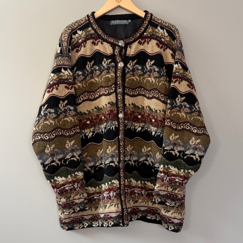 Vintage‎ Icelandic Design Knit Wool Sweater Cardigan Jacket Size XL